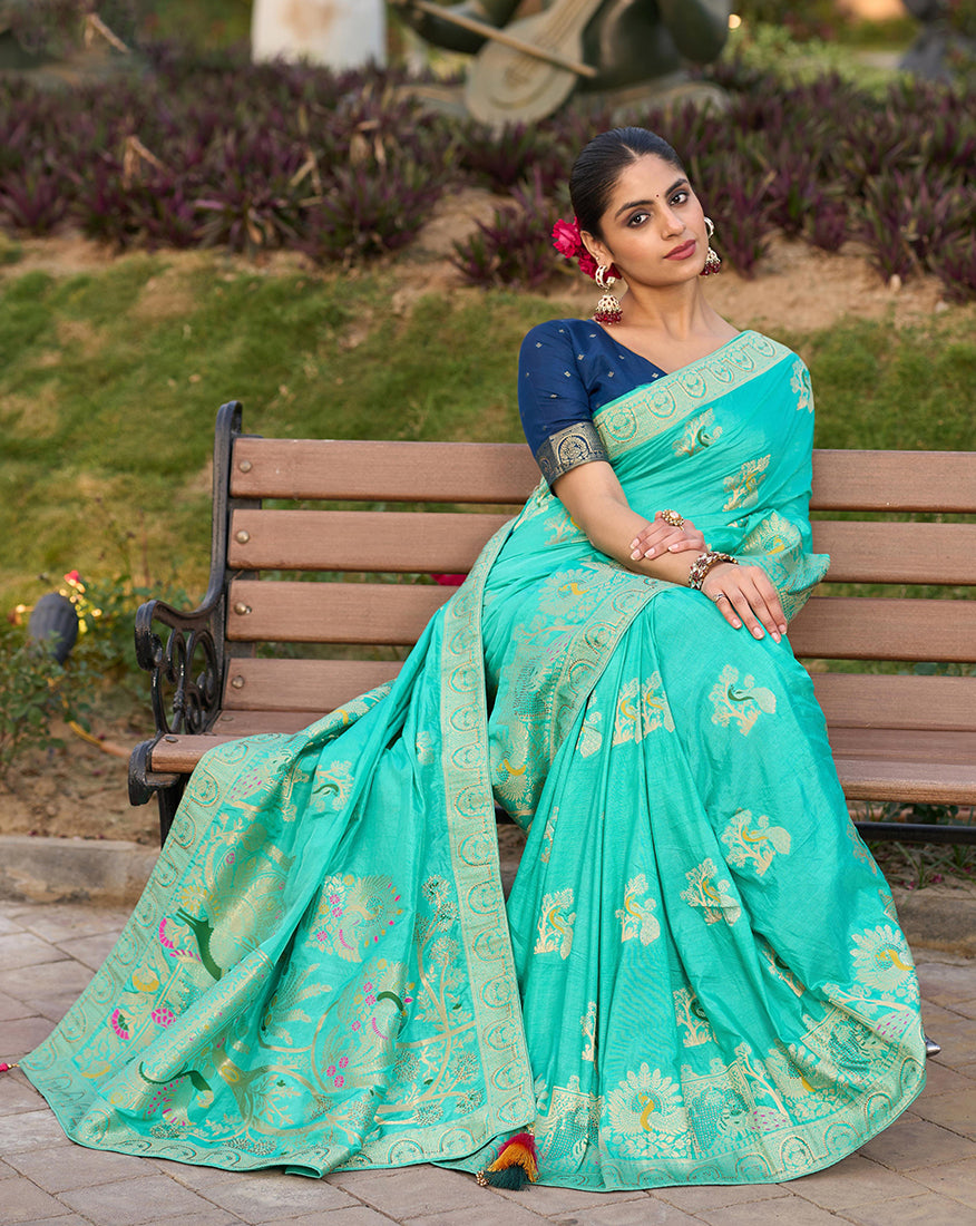 Monjolika Fashion Dola Silk Meenakari Weave Work Traditional Saree In Turquoise - Distacart