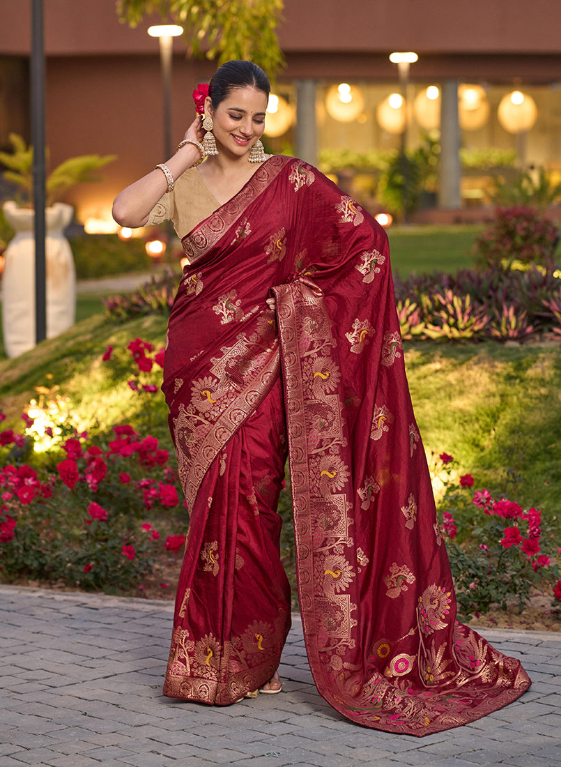 Monjolika Fashion Dola Silk Meenakari Weave Work Traditional Saree In Maroon - Distacart