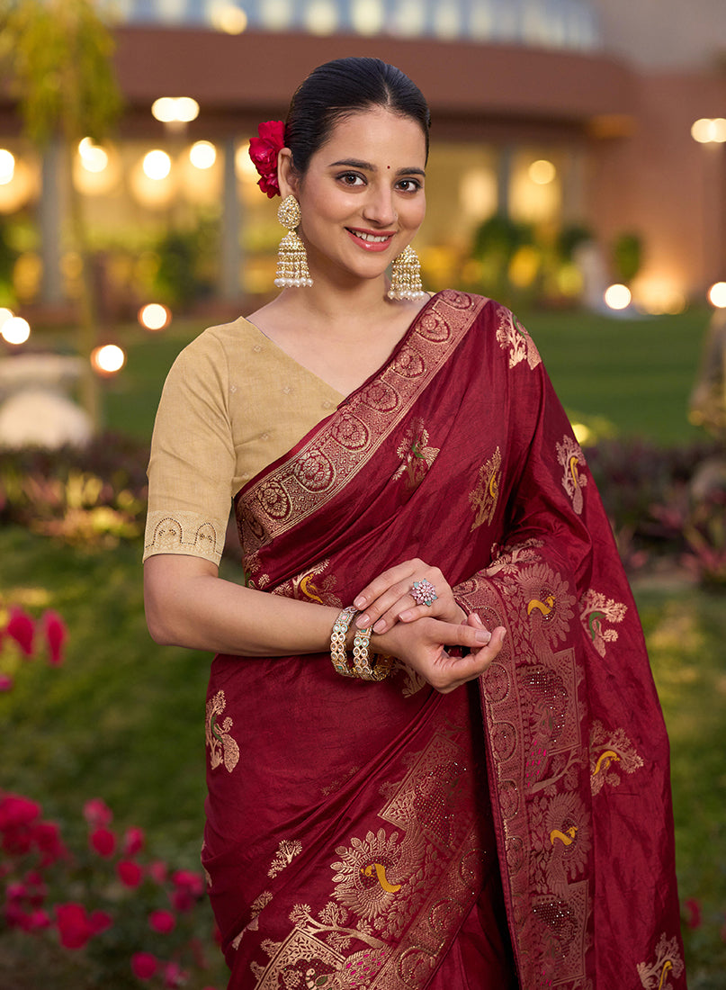 Monjolika Fashion Dola Silk Meenakari Weave Work Traditional Saree In Maroon - Distacart