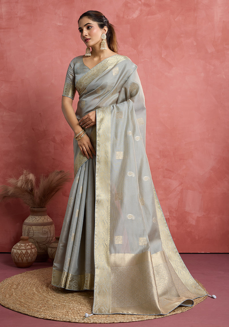 Monjolika Fashion Light Grey Soft Silk Weaving Ceremonial Classic Saree - Distacart