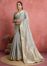 Thumbnail for Monjolika Fashion Light Grey Soft Silk Weaving Ceremonial Classic Saree - Distacart