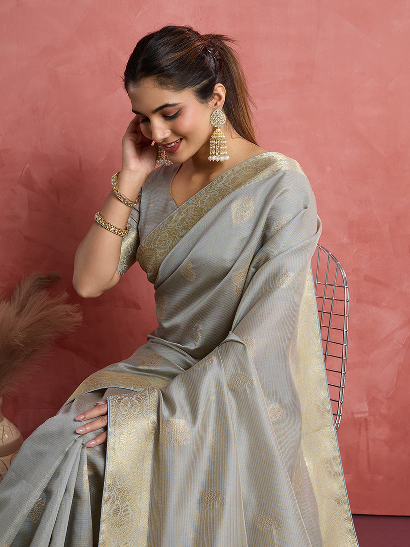 Monjolika Fashion Light Grey Soft Silk Weaving Ceremonial Classic Saree - Distacart