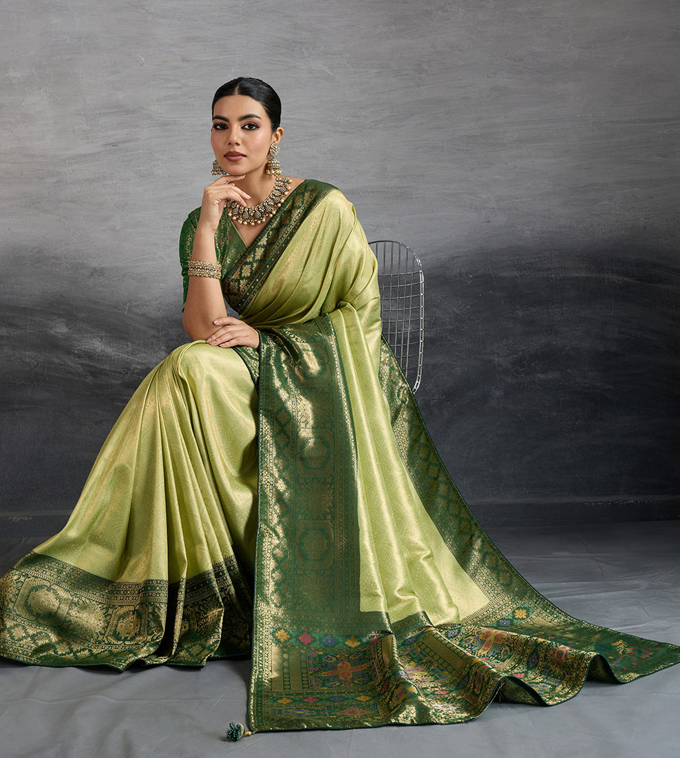 Monjolika Fashion Parrot Green Soft Kanjivaram Silk Meenakari Weaving Work Ceremonial Saree - Distacart