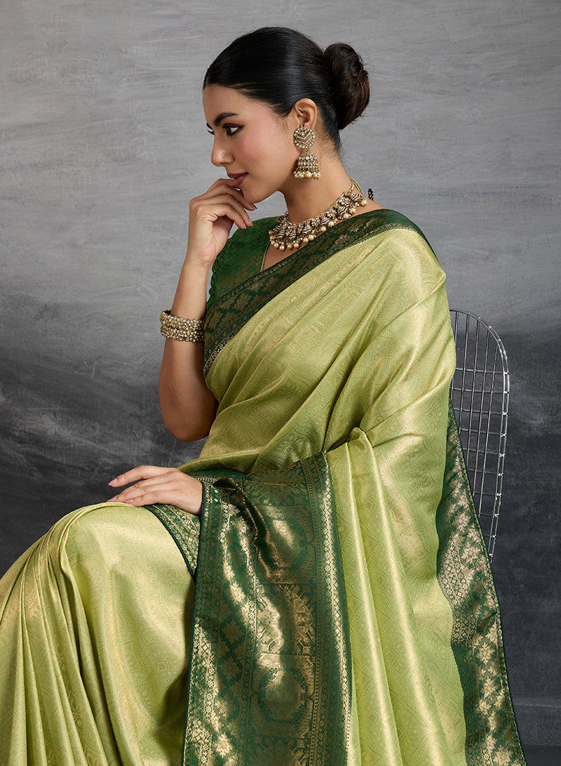 Monjolika Fashion Parrot Green Soft Kanjivaram Silk Meenakari Weaving Work Ceremonial Saree - Distacart