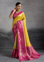 Thumbnail for Monjolika Fashion Yellow Soft Kanjivaram Silk Meenakari Weaving Work Ceremonial Saree - Distacart