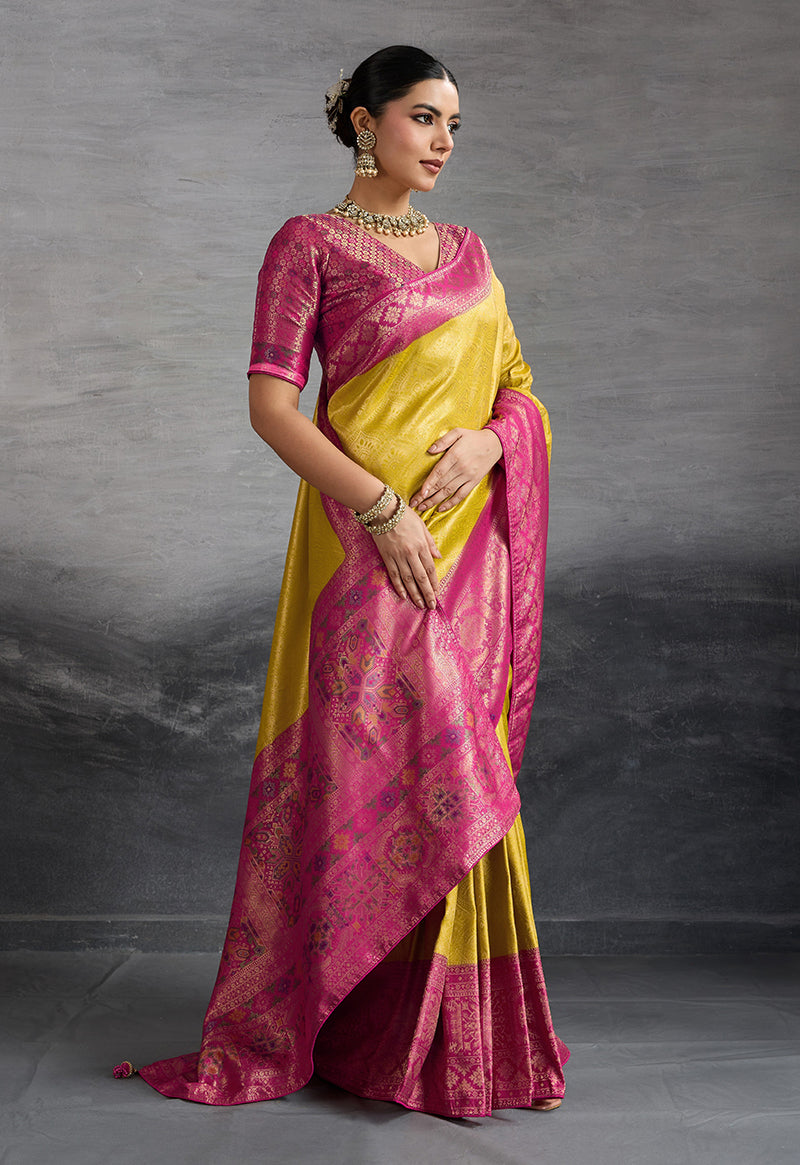 Monjolika Fashion Yellow Soft Kanjivaram Silk Meenakari Weaving Work Ceremonial Saree - Distacart