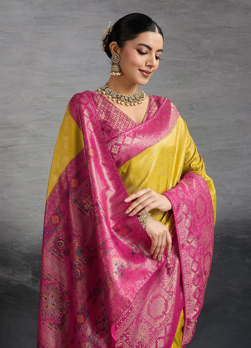 Monjolika Fashion Yellow Soft Kanjivaram Silk Meenakari Weaving Work Ceremonial Saree - Distacart