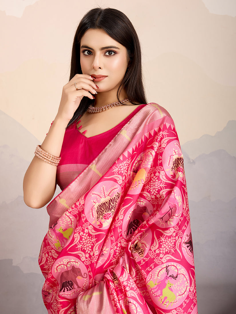 Monjolika Fashion Rani Pink Zari Border Work Dola Satin Digital Printed Trendy Saree
