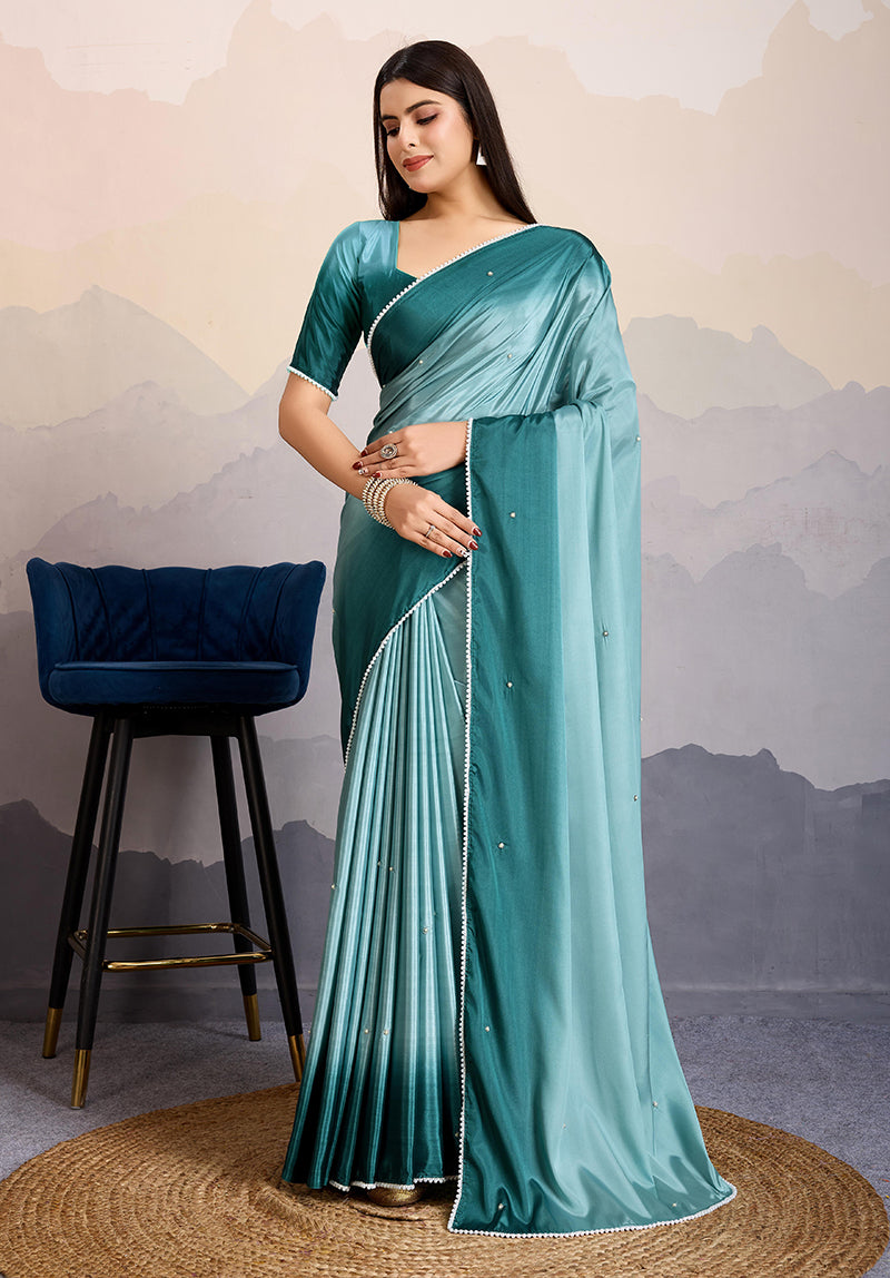 Monjolika Fashion Teal Blue Color Satin Crepe Pearl Lace Border Party Wear Saree