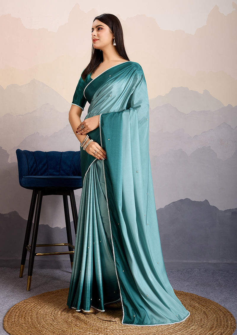 Monjolika Fashion Teal Blue Color Satin Crepe Pearl Lace Border Party Wear Saree