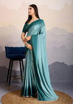 Thumbnail for Monjolika Fashion Teal Blue Color Satin Crepe Pearl Lace Border Party Wear Saree