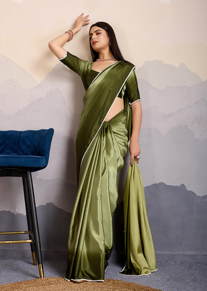 Monjolika Fashion Olive Green Color Satin Crepe Pearl Lace Border Party Wear Saree