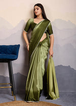 Thumbnail for Monjolika Fashion Olive Green Color Satin Crepe Pearl Lace Border Party Wear Saree