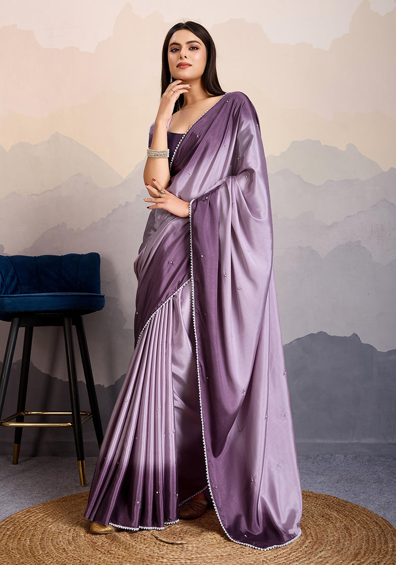 Monjolika Fashion Purple Color Satin Crepe Pearl Lace Border Party Wear Saree