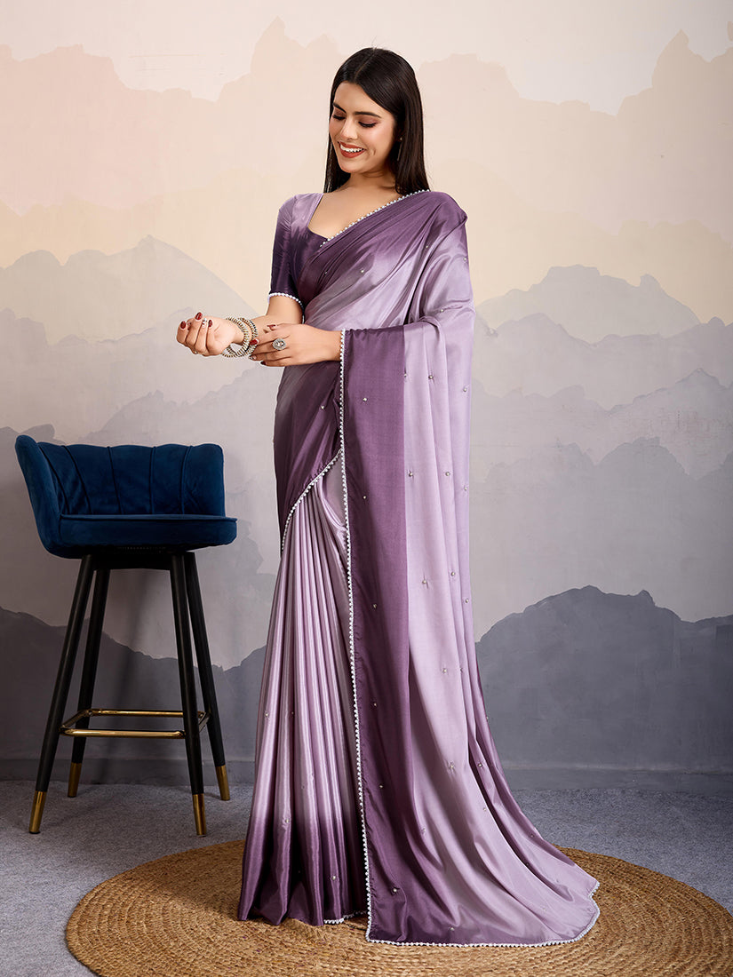 Monjolika Fashion Purple Color Satin Crepe Pearl Lace Border Party Wear Saree