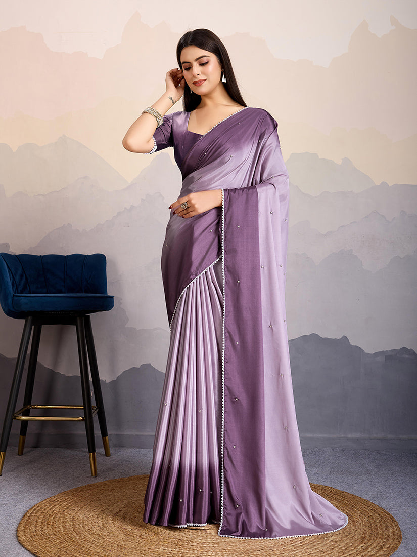 Monjolika Fashion Purple Color Satin Crepe Pearl Lace Border Party Wear Saree