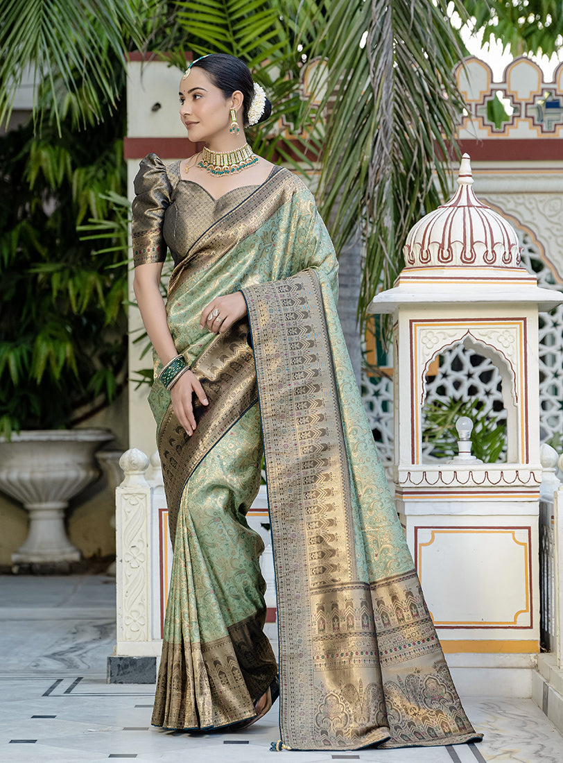 Monjolika Fashion Light Cyan Color Kanjivaram Silk Meenakari Weaving Work Classic Saree - Distacart