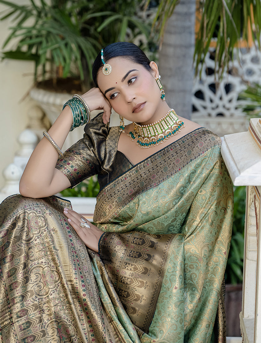 Monjolika Fashion Light Cyan Color Kanjivaram Silk Meenakari Weaving Work Classic Saree - Distacart