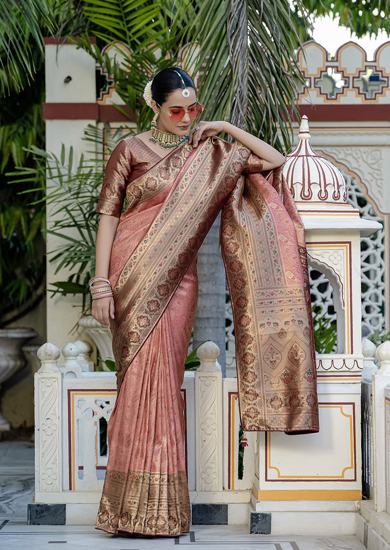Monjolika Fashion Light Red Color Kanjivaram Silk Meenakari Weaving Work Classic Saree - Distacart