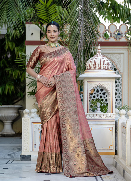 Monjolika Fashion Light Red Color Kanjivaram Silk Meenakari Weaving Work Classic Saree