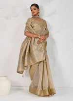 Thumbnail for Monjolika Fashion Tissue Linen Beige Color Woven Classic Saree - Distacart