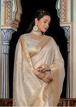 Thumbnail for Monjolika Fashion Silver Color Tissue Linen Khatli Hand Work Designer Saree - Distacart