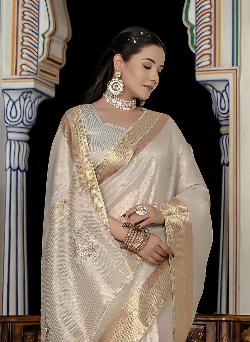 Monjolika Fashion Silver Color Tissue Linen Khatli Hand Work Designer Saree - Distacart