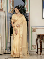 Thumbnail for Monjolika Fashion Light Yellow Color Tissue Linen Khatli Hand Work Designer Saree - Distacart