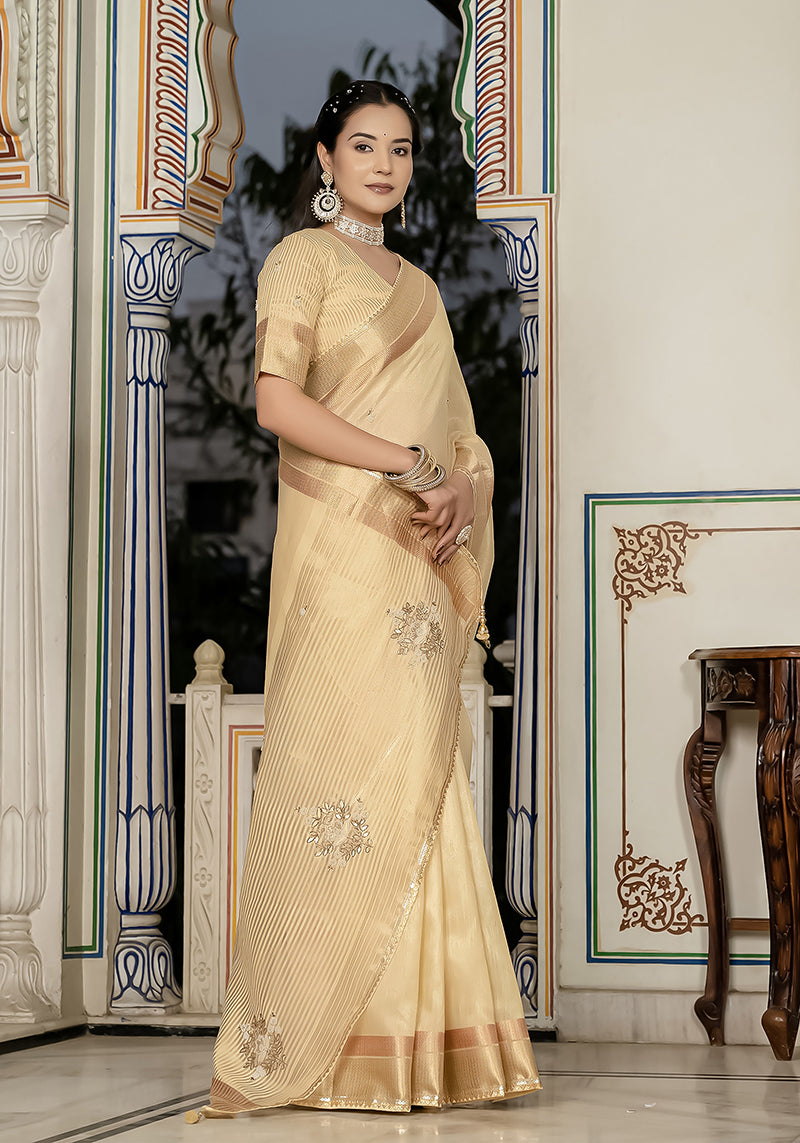 Monjolika Fashion Light Yellow Color Tissue Linen Khatli Hand Work Designer Saree - Distacart