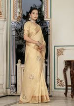 Thumbnail for Monjolika Fashion Light Yellow Color Tissue Linen Khatli Hand Work Designer Saree - Distacart