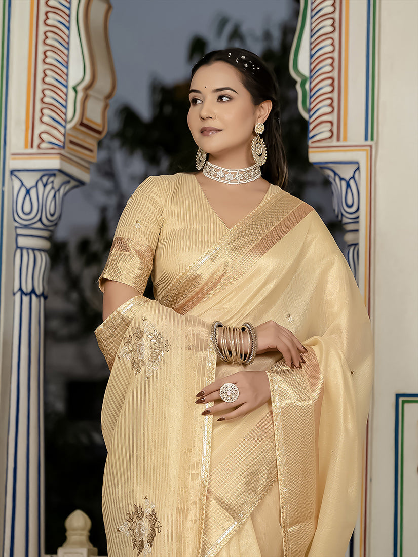 Monjolika Fashion Light Yellow Color Tissue Linen Khatli Hand Work Designer Saree - Distacart