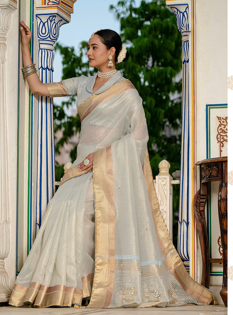 Monjolika Fashion Light Grey Color Tissue Linen Khatli Hand Work Designer Saree - Distacart