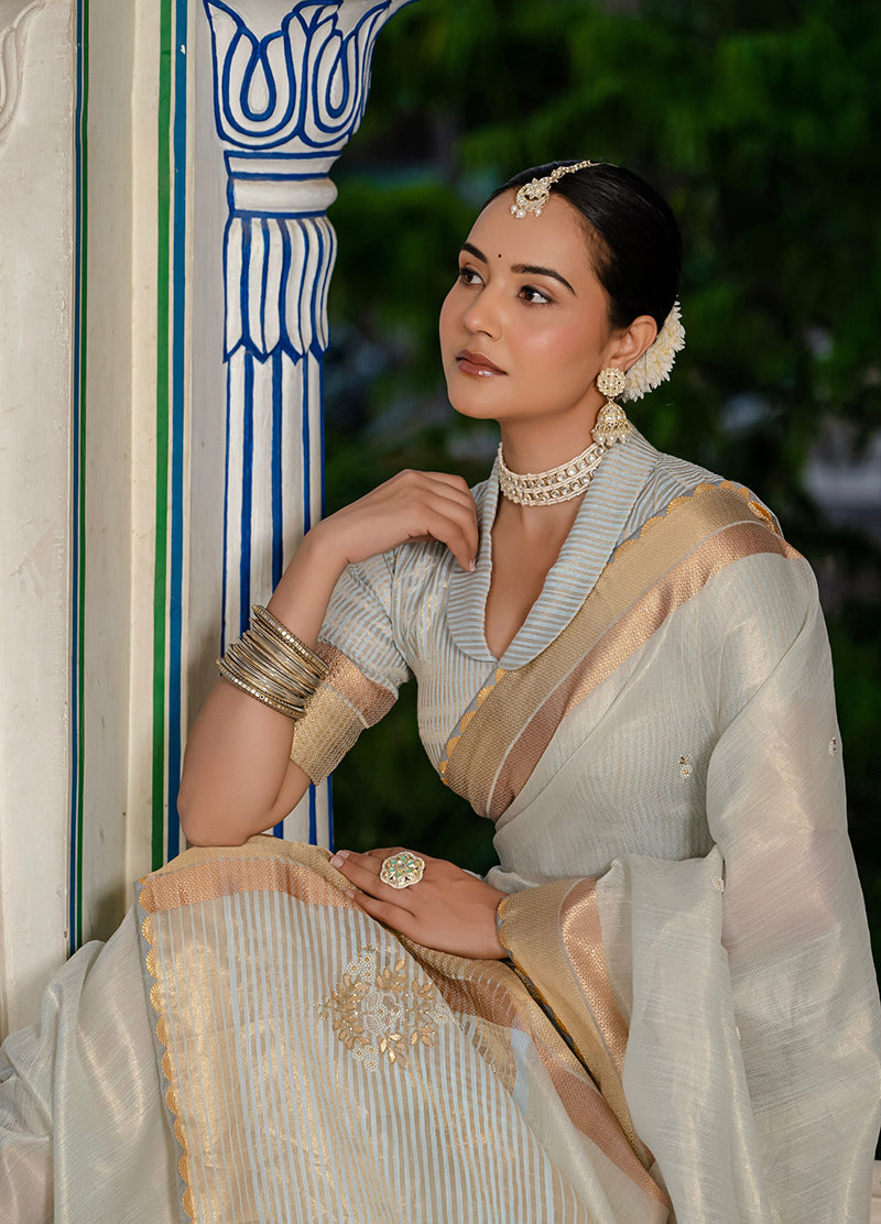 Monjolika Fashion Light Grey Color Tissue Linen Khatli Hand Work Designer Saree - Distacart