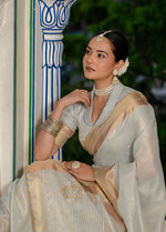 Thumbnail for Monjolika Fashion Light Grey Color Tissue Linen Khatli Hand Work Designer Saree - Distacart