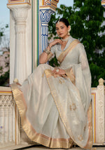 Thumbnail for Monjolika Fashion Light Grey Color Tissue Linen Khatli Hand Work Designer Saree - Distacart