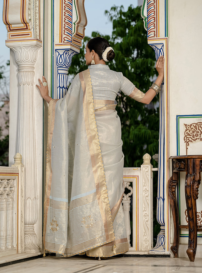 Monjolika Fashion Light Grey Color Tissue Linen Khatli Hand Work Designer Saree - Distacart
