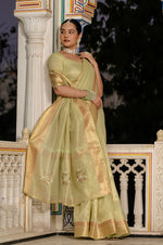 Thumbnail for Monjolika Fashion Light Green Color Tissue Linen Khatli Hand Work Designer Saree - Distacart