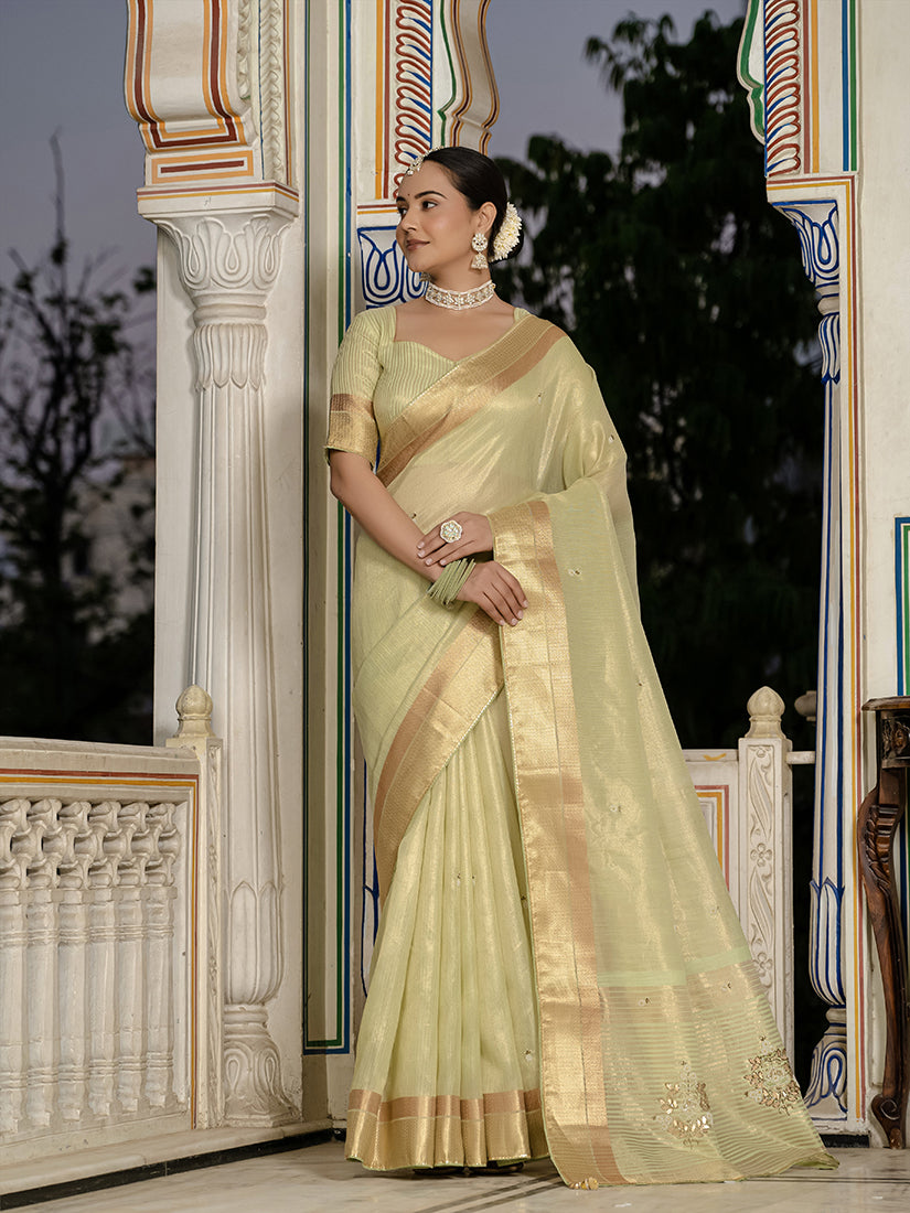 Monjolika Fashion Light Green Color Tissue Linen Khatli Hand Work Designer Saree - Distacart