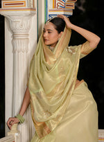 Thumbnail for Monjolika Fashion Light Green Color Tissue Linen Khatli Hand Work Designer Saree - Distacart