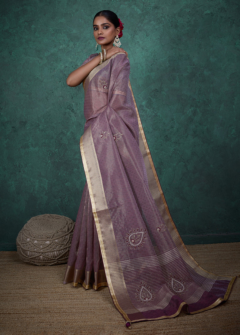 Monjolika Fashion Elegant Light Purple Color Tissue Linen Khatli Hand Work Saree - Distacart