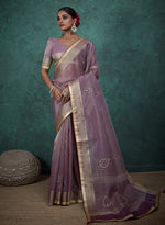 Thumbnail for Monjolika Fashion Elegant Light Purple Color Tissue Linen Khatli Hand Work Saree - Distacart