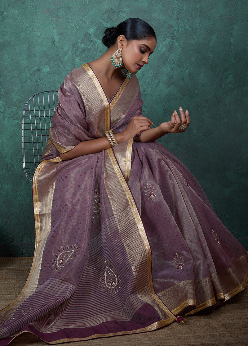 Monjolika Fashion Elegant Light Purple Color Tissue Linen Khatli Hand Work Saree - Distacart