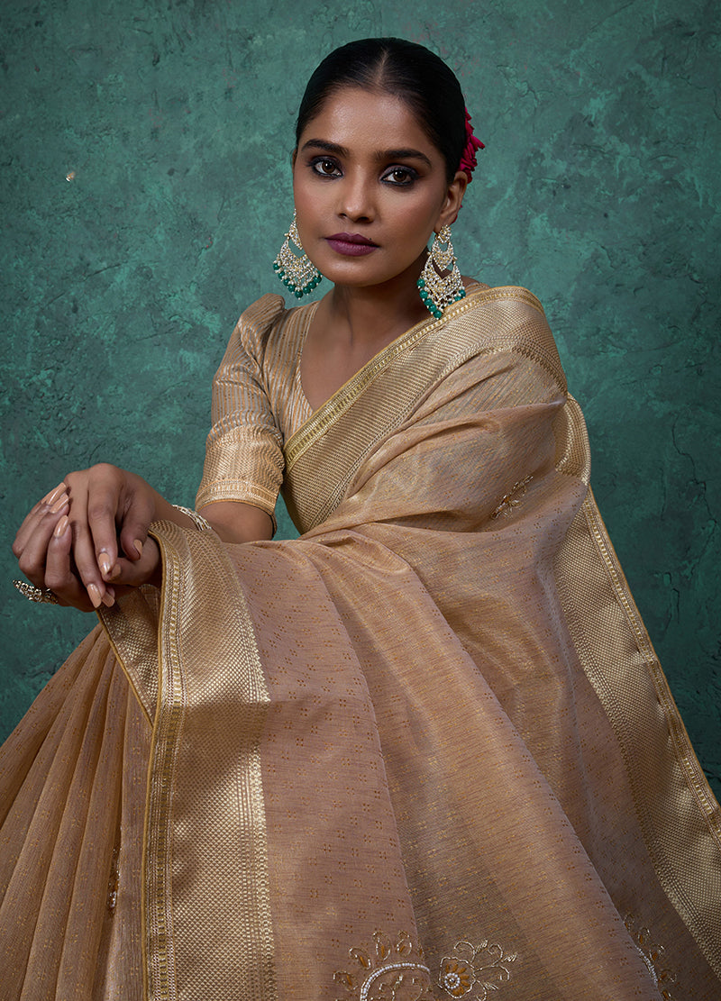Monjolika Fashion Elegant Beige Color Tissue Linen Khatli Hand Work Saree - Distacart