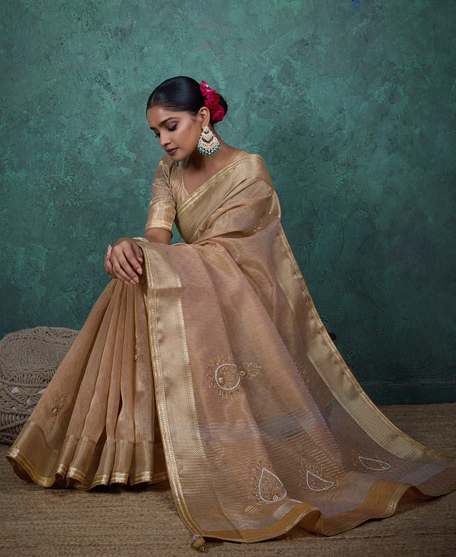 Monjolika Fashion Elegant Beige Color Tissue Linen Khatli Hand Work Saree - Distacart