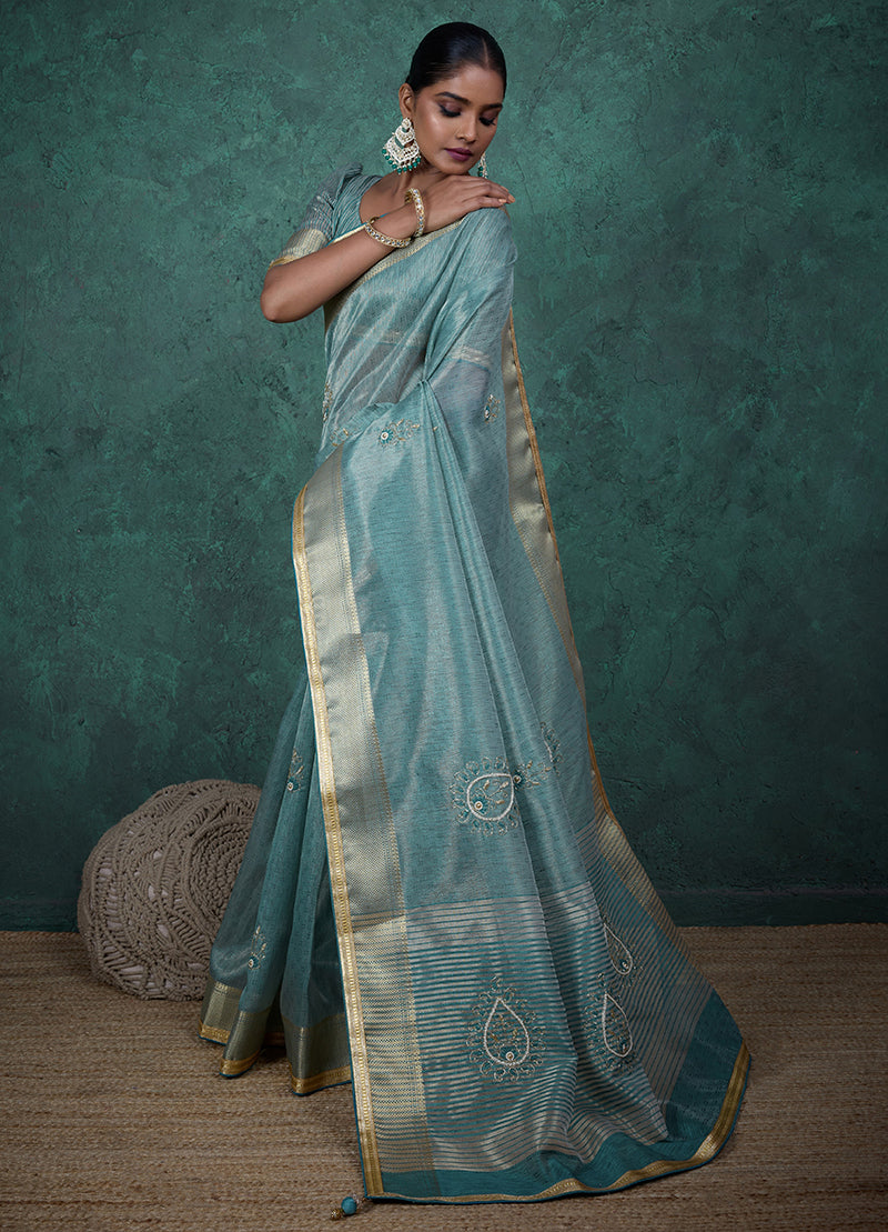 Monjolika Fashion Elegant Light Blue Color Tissue Linen Khatli Hand Work Saree - Distacart