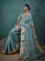 Thumbnail for Monjolika Fashion Elegant Light Blue Color Tissue Linen Khatli Hand Work Saree - Distacart