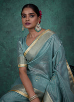 Thumbnail for Monjolika Fashion Elegant Light Blue Color Tissue Linen Khatli Hand Work Saree - Distacart