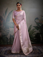 Thumbnail for Monjolika Fashion Beautiful Lilac Color Tissue Linen Khatli Hand Work Classic Saree - Distacart