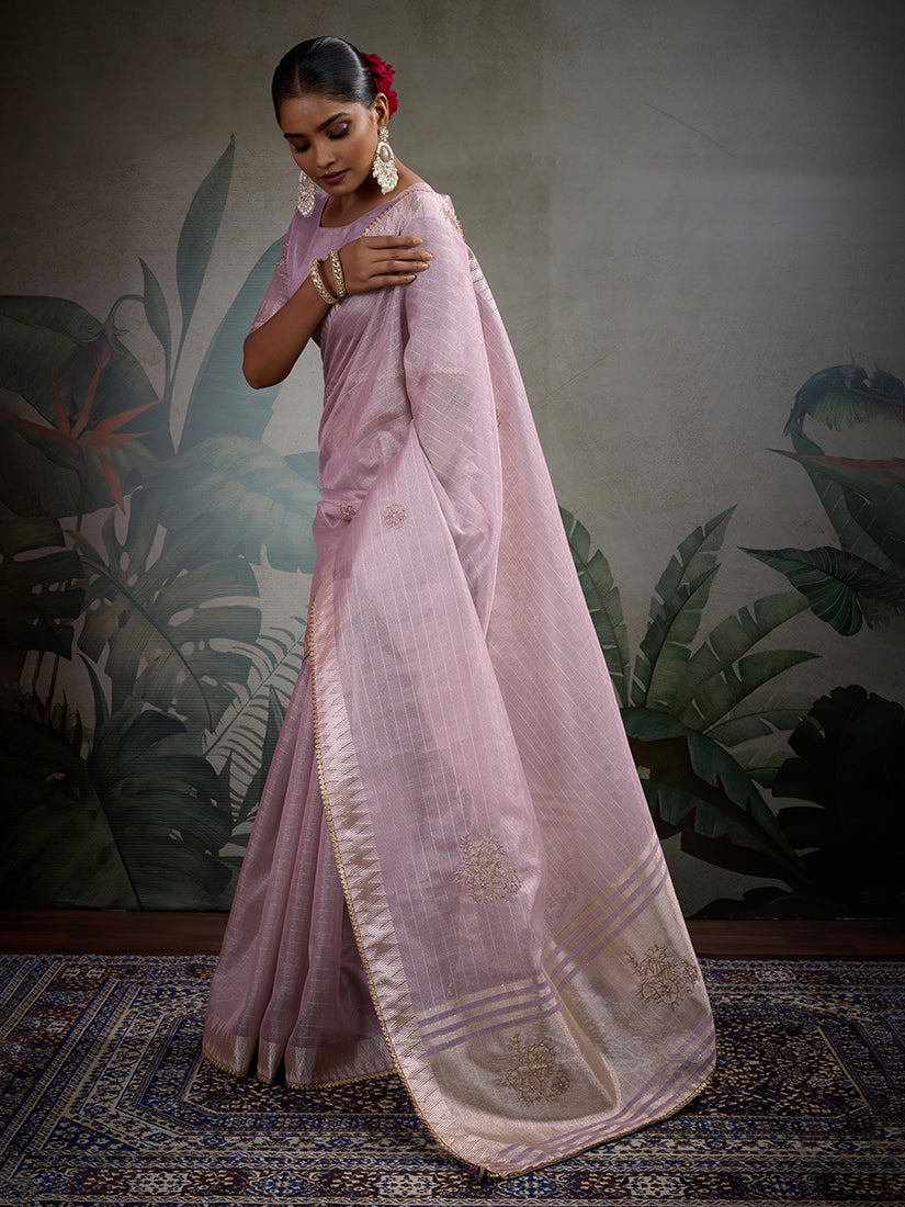 Monjolika Fashion Beautiful Lilac Color Tissue Linen Khatli Hand Work Classic Saree - Distacart