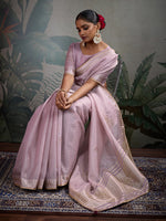 Thumbnail for Monjolika Fashion Beautiful Lilac Color Tissue Linen Khatli Hand Work Classic Saree - Distacart